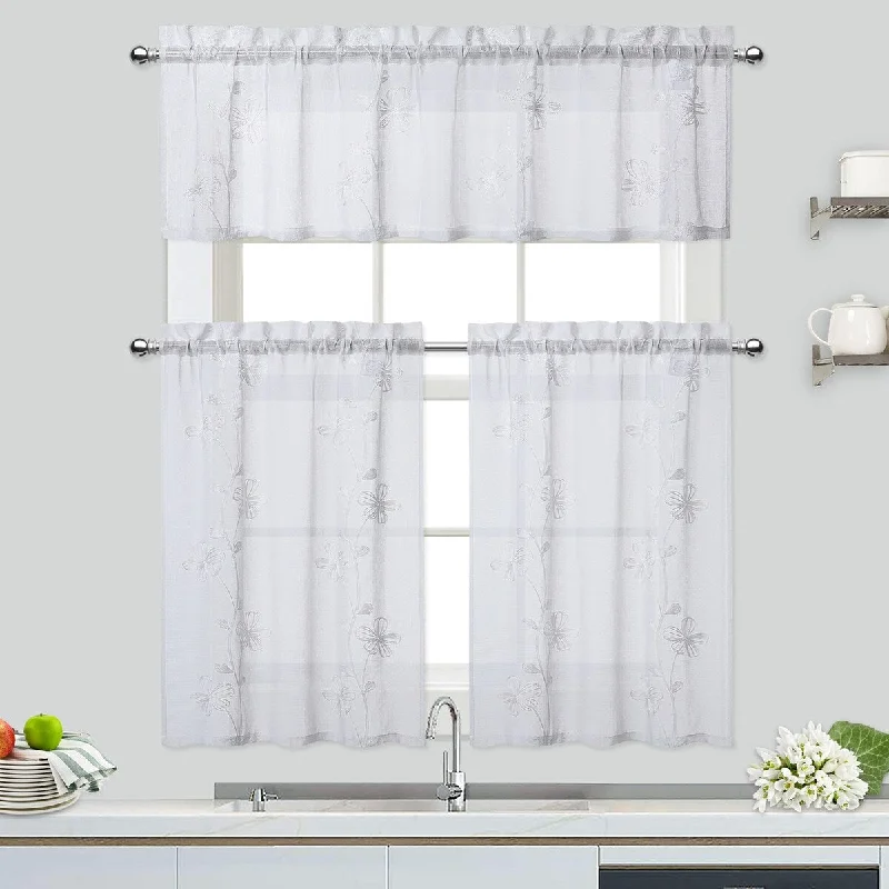 Floral Embroidered Voile Sheer Kitchen Tier Curtains or Valances