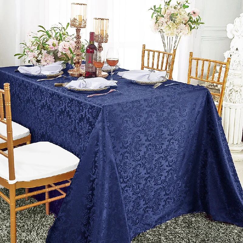 90"x132" Seamless Rectangular Floral Damask Jacquard Polyester (220 GSM) Tablecloth - Navy Blue (1pc)