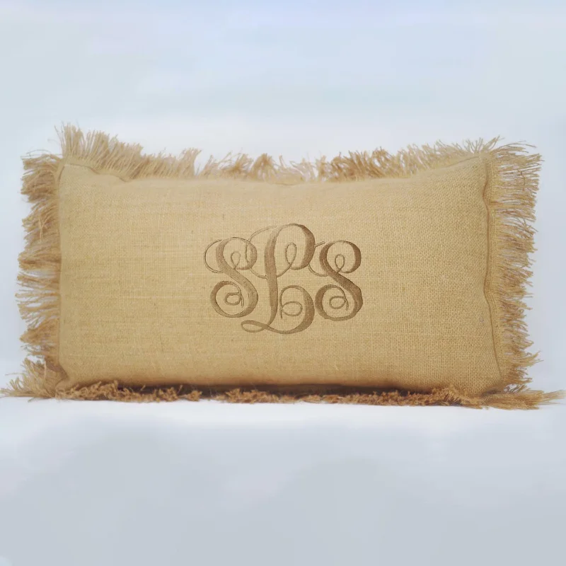 Burlap Monogram Pillow Cover With Fringes