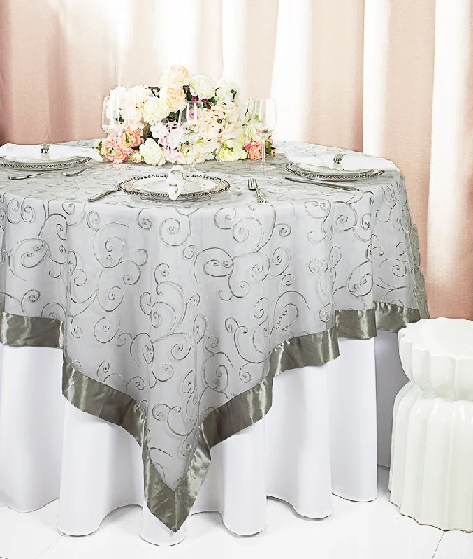 85"x85" Seamless Square Embroidered Organza Tablecloth/Table Overlay - Silver (1pc)