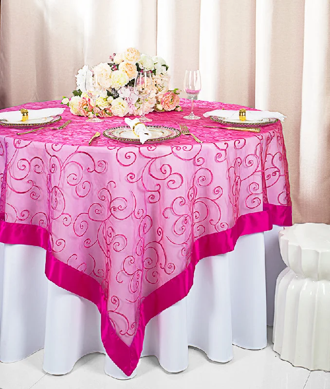 85"x85" Seamless Square Embroidered Organza Tablecloth/Table Overlay - Fuchsia (1pc)