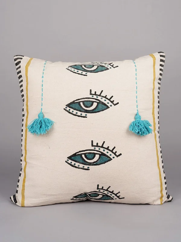 MYSTICAL GAZE & TASSEL  - BLOCK PRINTED SQUARE CUSHION COVER