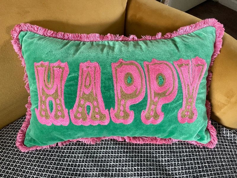 Groovy Green Velvet Happy Cushion