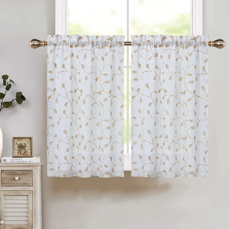 Leaves Branch Embroidered Voile Sheer Kitchen Tier Curtains