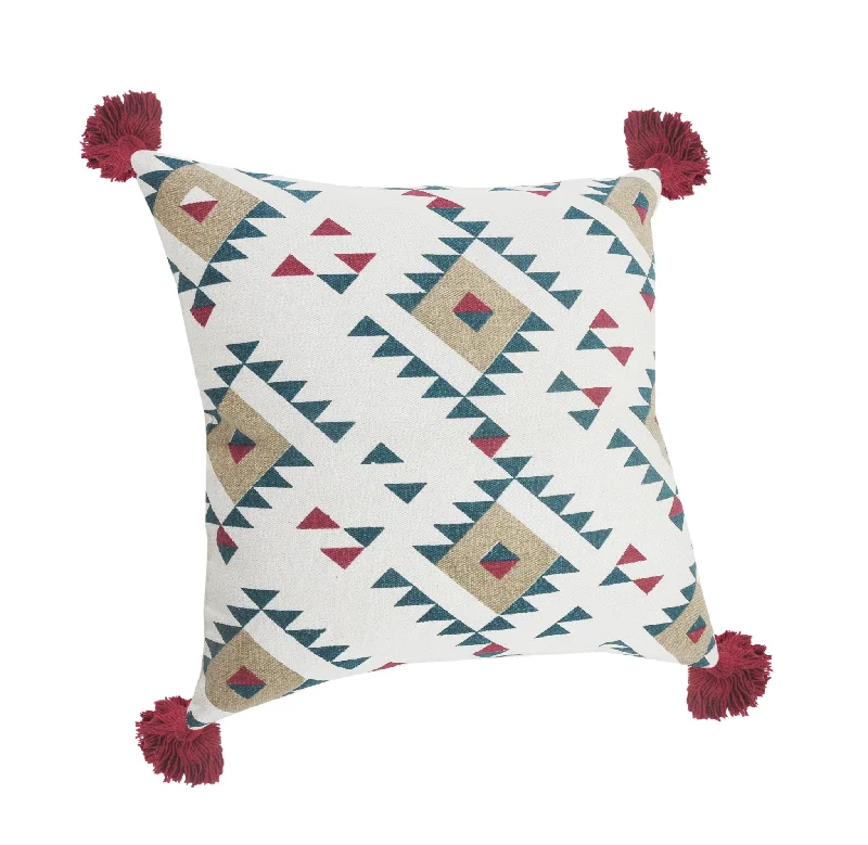 20" X 20" White Burdy Tan And Teal 100% Cotton Geometric Zippered Pillow