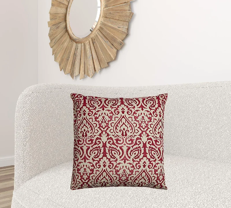 Red Natural Distressed Damask Throw Pillow