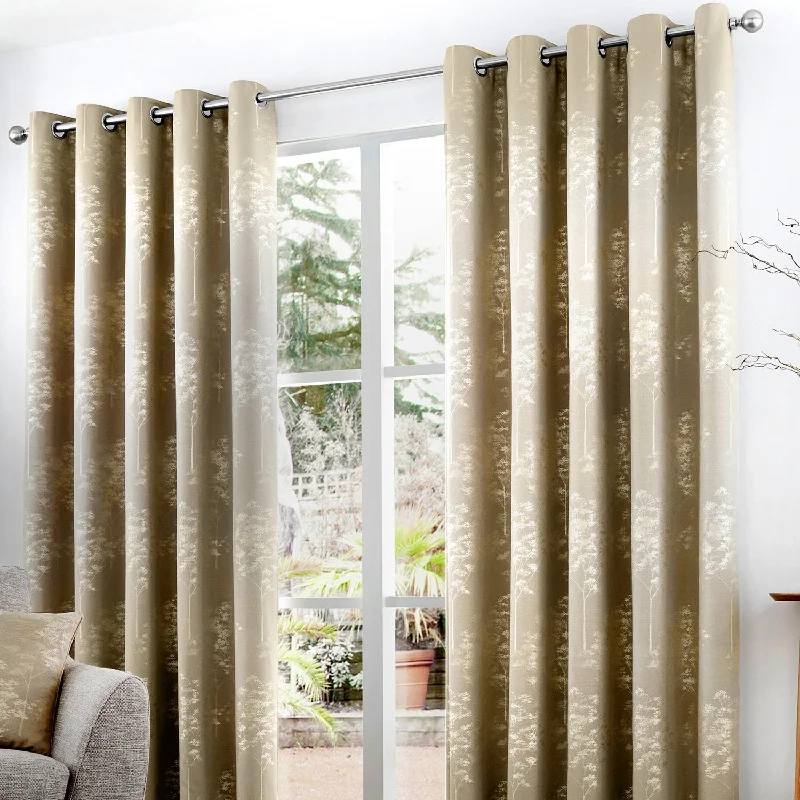 Elmwood Stone Metallic Jacquard Eyelet Curtains