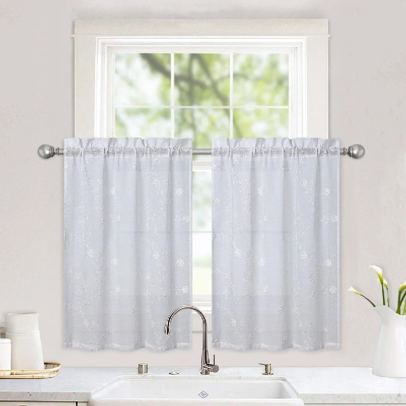 Floral Embroidered Voile Sheer Kitchen Tier Curtains