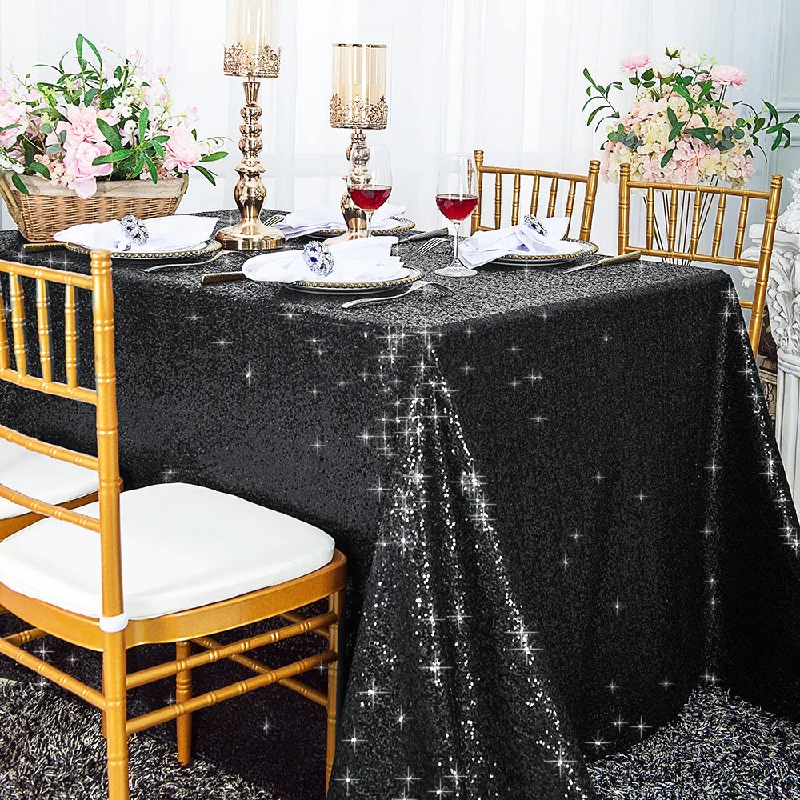 90"x132" Seamless Rectangular Sequin Taffeta Tablecloth - Black (1pc)