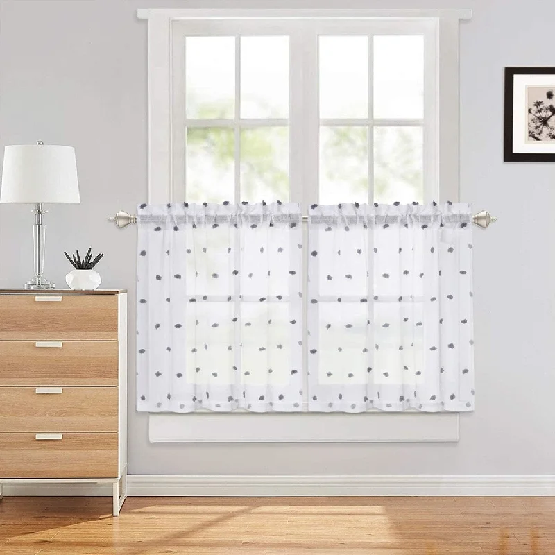 Pom Pom White Voile Sheer Short Kitchen Tier Curtains