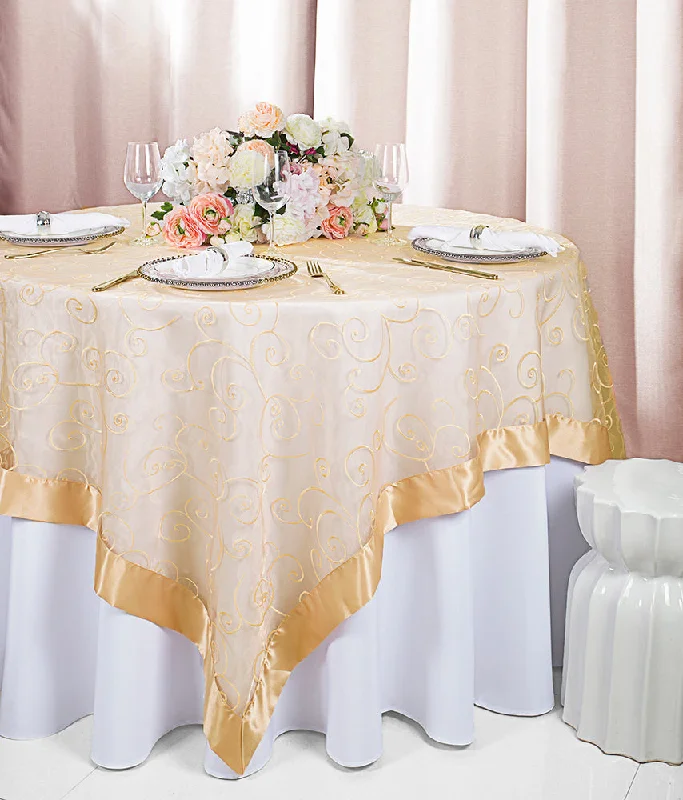 85"x85" Seamless Square Embroidered Organza Tablecloth/Table Overlay - Champagne (1pc)