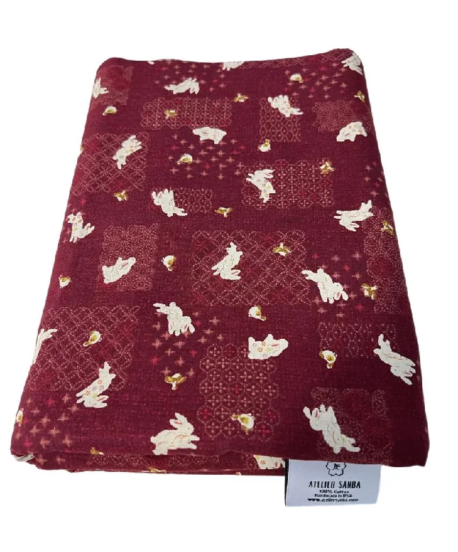 Bunny Burgundy Cotton Futon Cover.  Handmade Shiki Futon Cover.