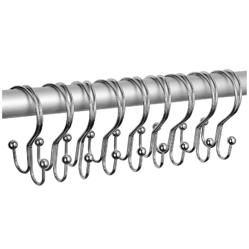 12 Piece Set - Chrome Heavy Duty Double Ear Shower Curtain Hooks Rings Rustproof Metal