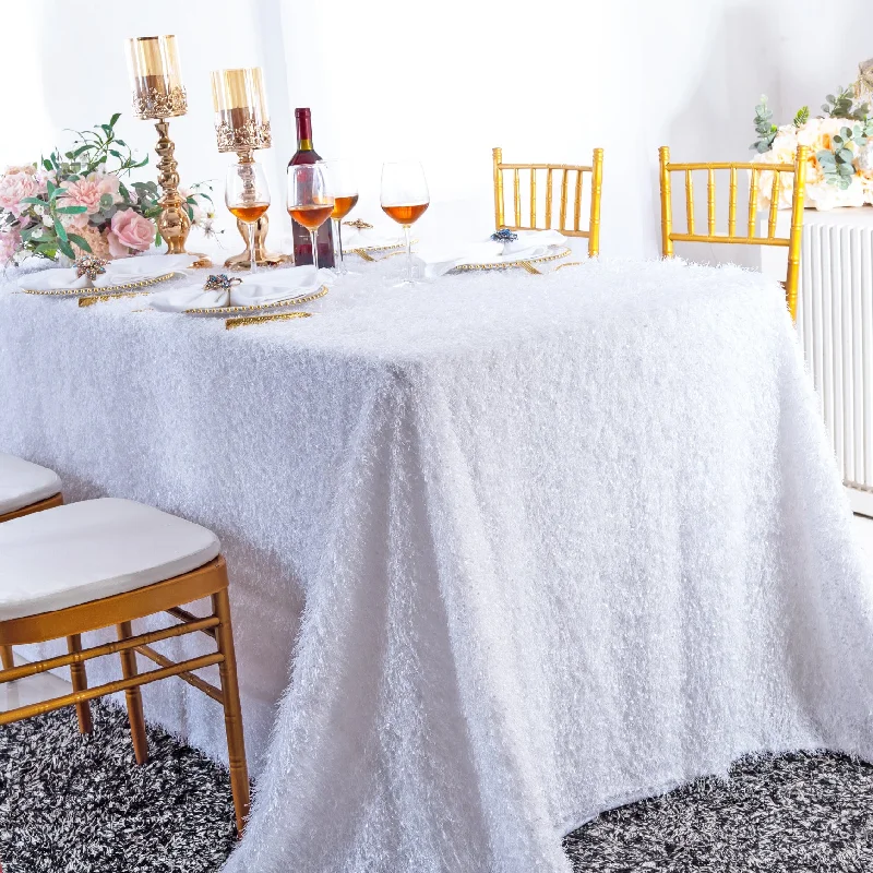 90"x156" Rectangular Shaggy Plush Fringe (200 GSM) Tablecloth - White (1pc)