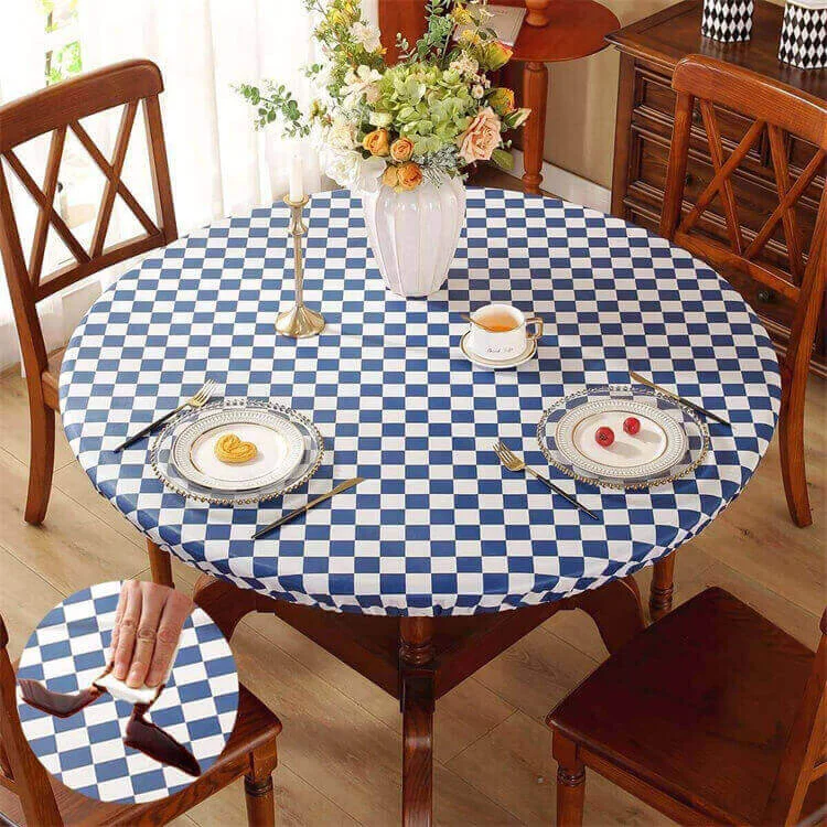 Round Checkered Vinyl Tablecloth with Flannel Backing