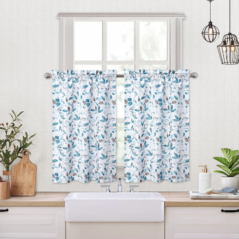 Watercolor Leaf Pattern Kitchen Tier Curtains or Valances