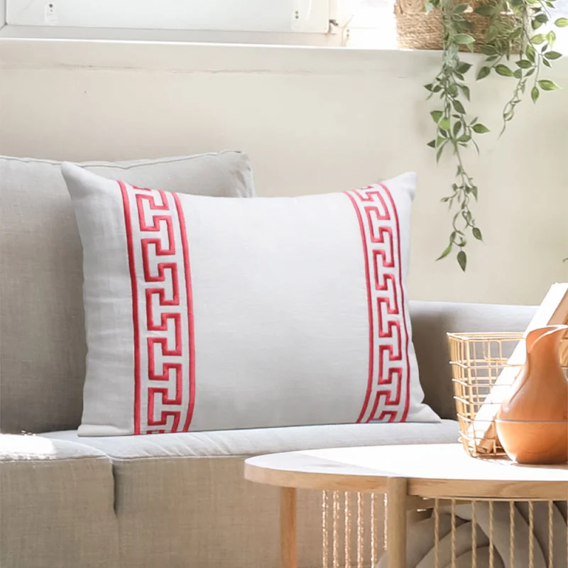 White Red Greek Key Pillow Cover