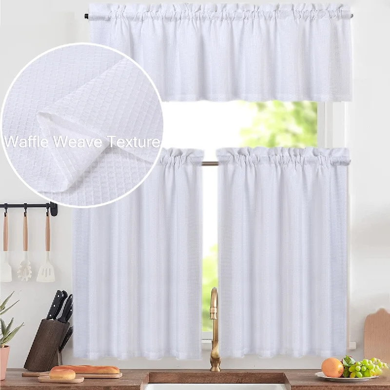 Waffle Semi-Sheer Rod Pocket Kitchen Tier Curtain and Valance Set