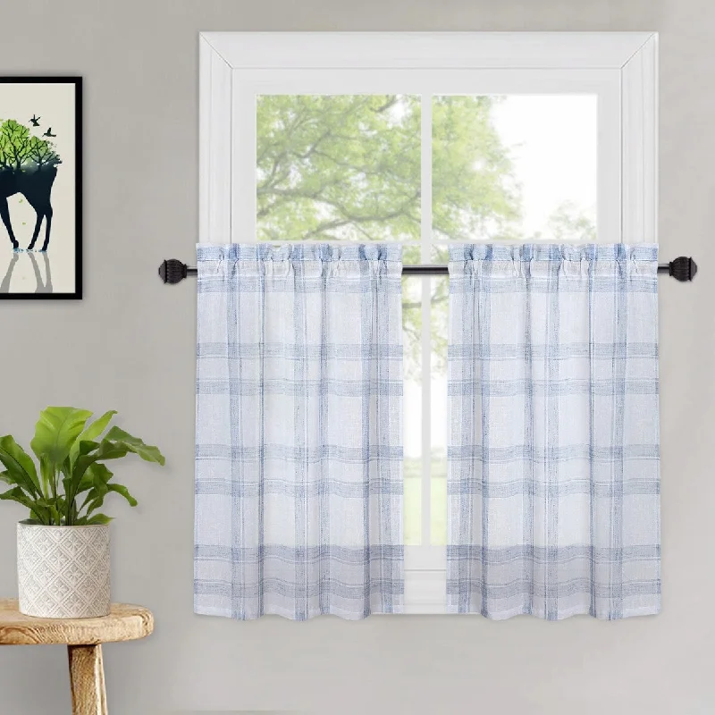 Yarn Dyed Buffalo Check Voile Sheer Kitchen Tier Curtains or Valances